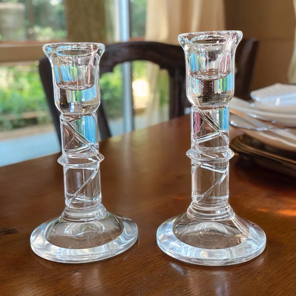 Vintage Clear Glass Bamboo Twist Candlestick Holders - Pair 6”